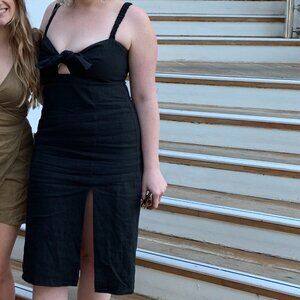Venroy Australia Black Linen Adjustable Tie Front Midi Dress